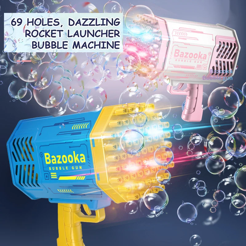 

69 Hole Gatling Machine for Children Automatic Bazooka Bubble Gun wit Color Light Electric Soap Bubble Maker Toy For Kids