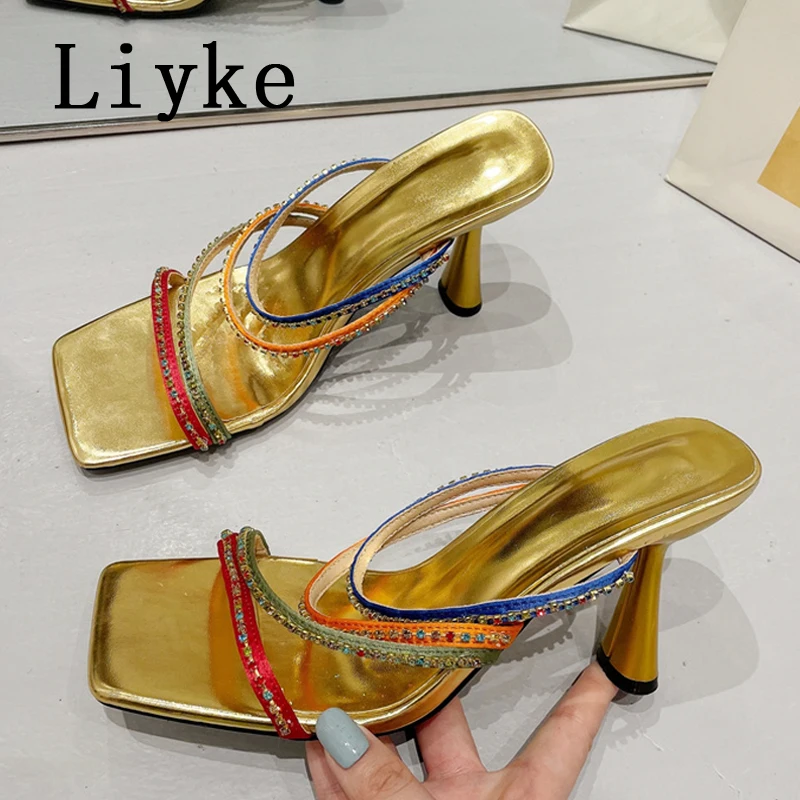 

Сексуальная Женская летняя обувь Liyke, блестящие узкие ремешки, квадратный носок, сланцы, сандалии для вечеринки, мюли
