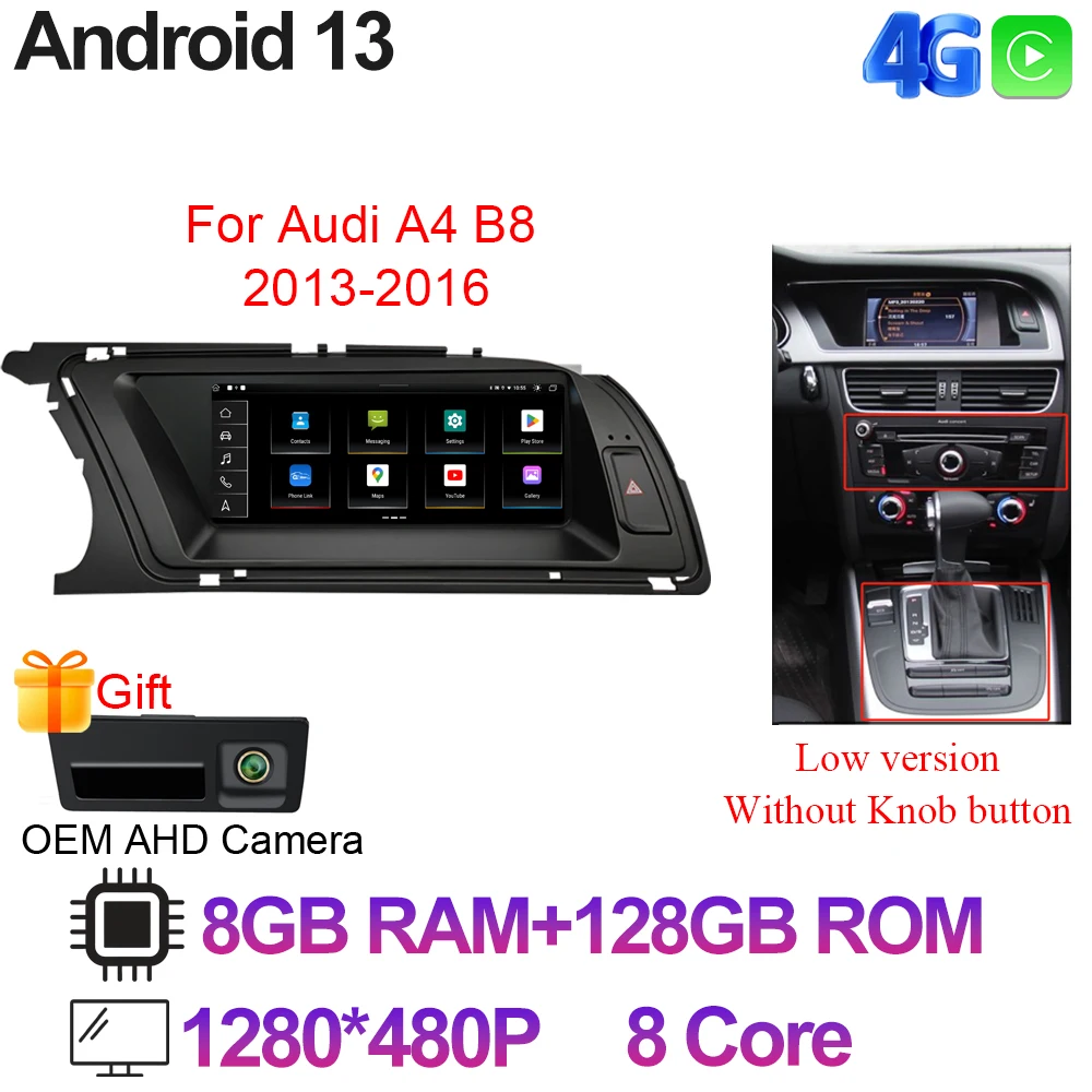 

8,8-дюймовый автомобильный мультимедийный радиоплеер Android 13, беспроводной Carplay для Audi A4 B8 2009-2016 4G Wi-Fi 8-ядерный процессор GPS-навигация