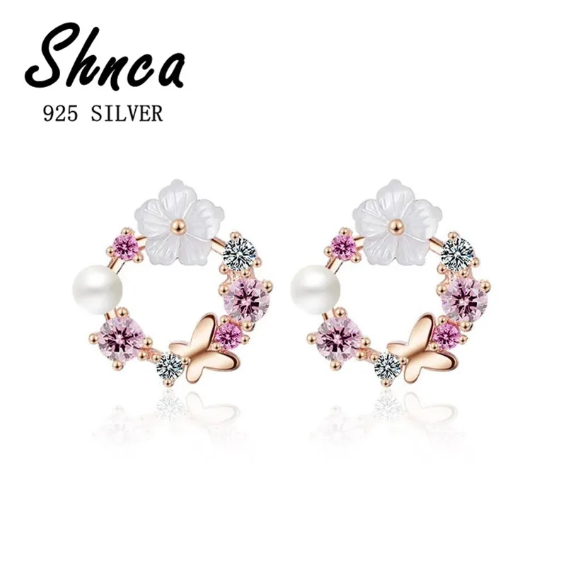 925 Sterling Silver Butterfly Colorful Flowers White Peal Cubic Zirconia Crystal Jewelry Earrings For Women LE191