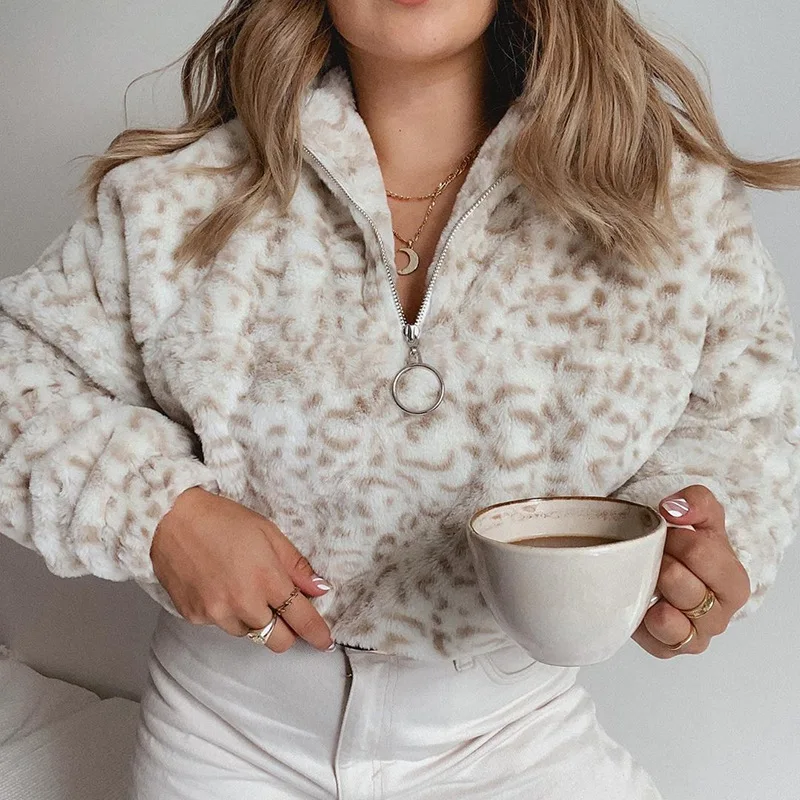 2023 New Ladies British Style Leopard Print Fleece Stand-up Collar Zipper Sweater Ladies Pullover Warm Top Winter