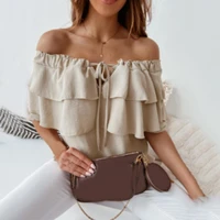 summer fashion drawstring collar layered ruffle stitching crafts women blouse off shoulder lantern long sleeve pullover top