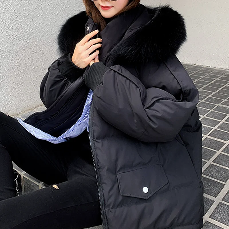 Thick Bread Cotton Coat Women's Mid-length Winter Hooded Furry Coat Women's Coat Women's Loose Casual Down Jacket Cotton Coat