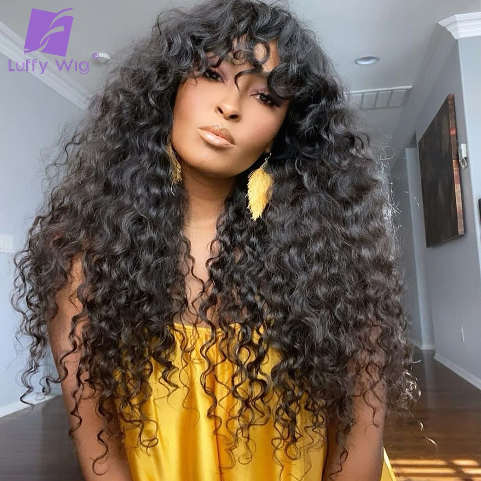 180% Density Loose Curly Wigs Brazilian Remy Human Hair Full Machine Made Wig Glueless With Bangs For Black Women Luffywig