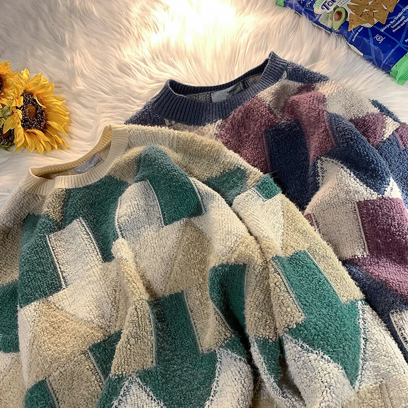 Японский модный рождественский свитер контрастного цвета в стиле ретро мужской