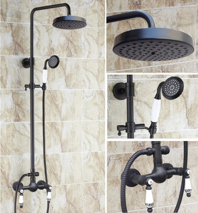 

Black Oil Rubbed Bronze Dual Ceramic Handles Bathroom 8 Inch Round Rain Shower Faucet Set Mixer Tap Hand Shower mrs515