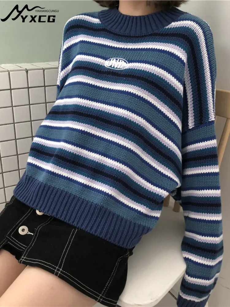 

Korean Clarissa Sweater Blue White Striped Oversized Jumper Embroidered Mock Neck Cropped Pullovers Harajuku Women's Sweaters