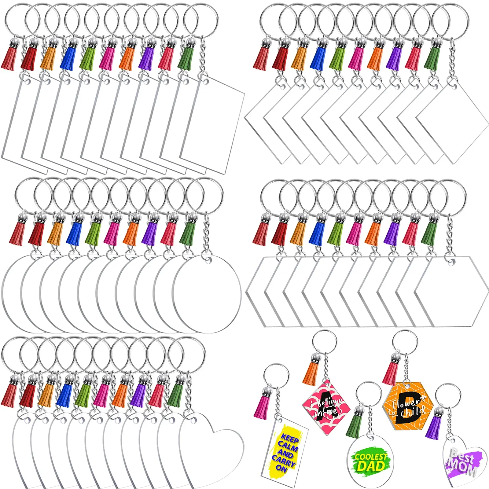 

200PCS Keychains for Vinyl Acrylic Keychain Blanks with 5 Shapes Clear Acrylic Leather Tassel Key Chains Jump Ring for DIY Craft