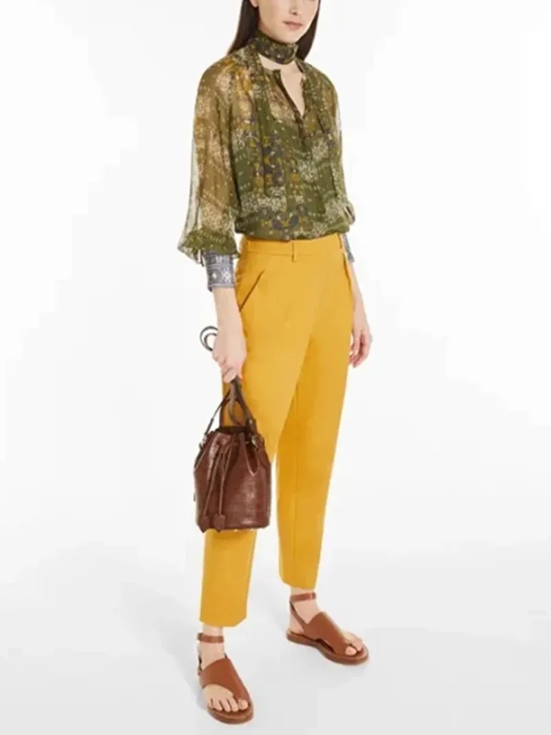 

Vintage Print Blouse Women Scarf Collar Long Sleeve with Lace-Up Lady Loose Fashion Elegant Shirt 2022 Summer New