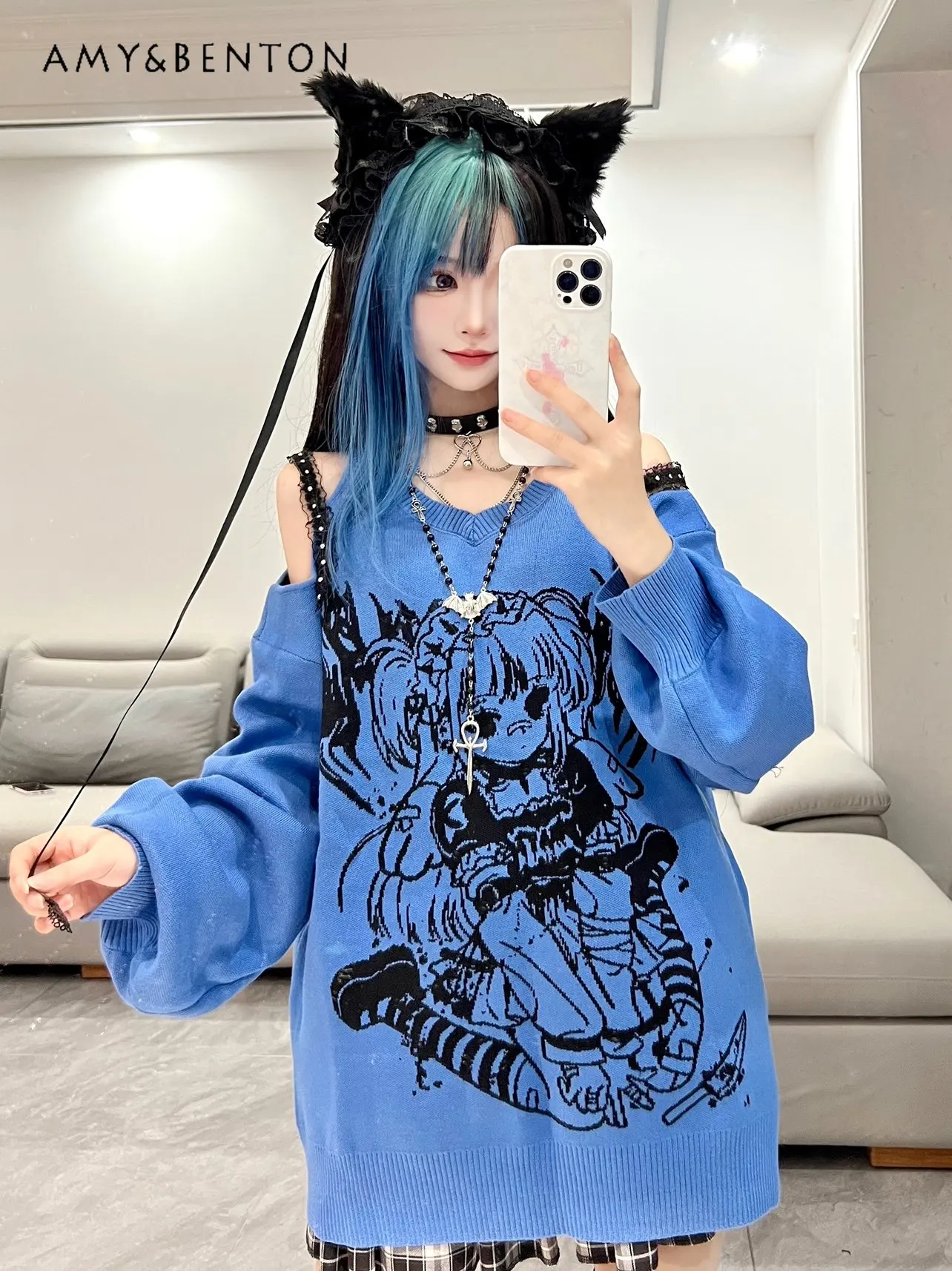 Japanese Style Cool Spring Sweater for Women Loose Off The Shoulder Oversized Knitted Pullover Lady Blue Casual Sweater