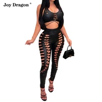 summer new women crop top two piece set outfits leggings chest wrap hollow sexy solid color nightclub tight female pants suit