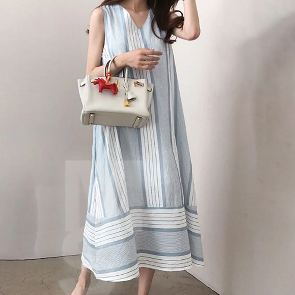 

Women Stripe Midi Dresses Simple Summer Japan Korean Aline Elegant Blue Loose Dress Party Retro Female Fashion 2020 For Young