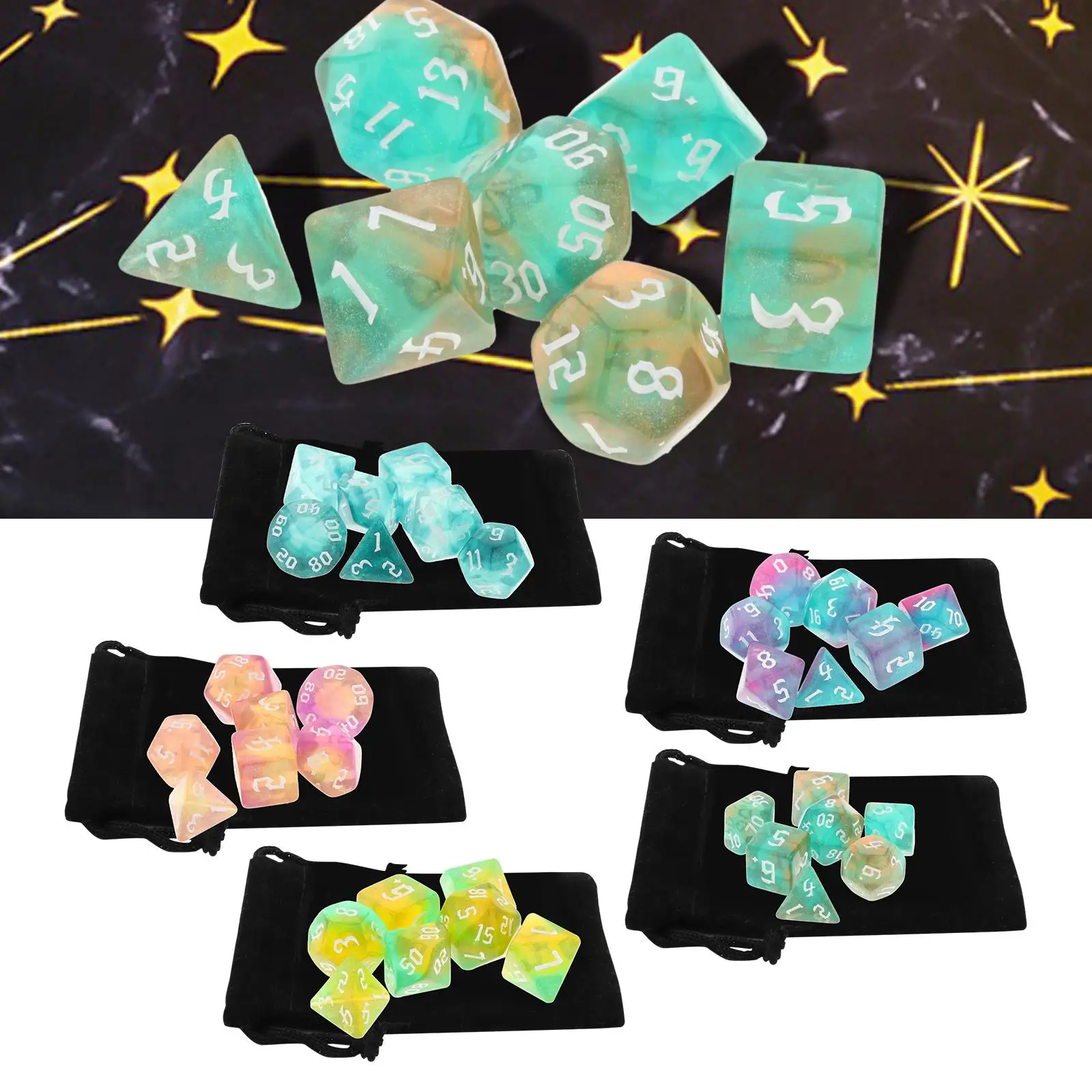 

7 Acrylic Polyhedral Dices Set D4 D6 D8 D10 D12 D20 Bar Toys with Pouch for DND RPG Role Playing Board Game Math Teaching