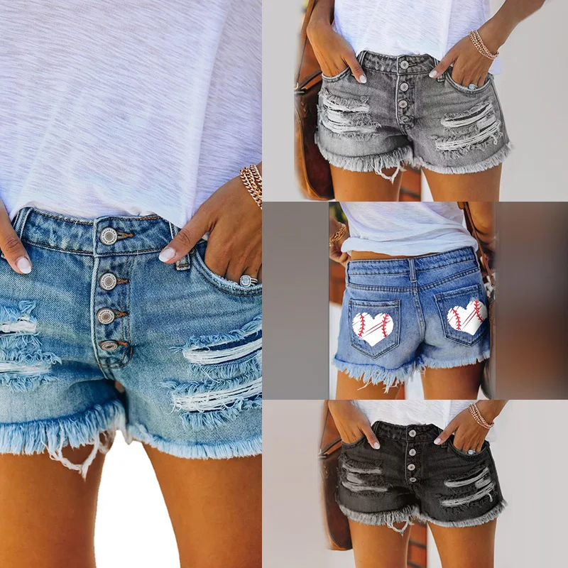 2022 Summer Women's Denim Shorts European and American Trend Ripped Hole Tassel Straight Breasted Women's Hot Pants Shorts