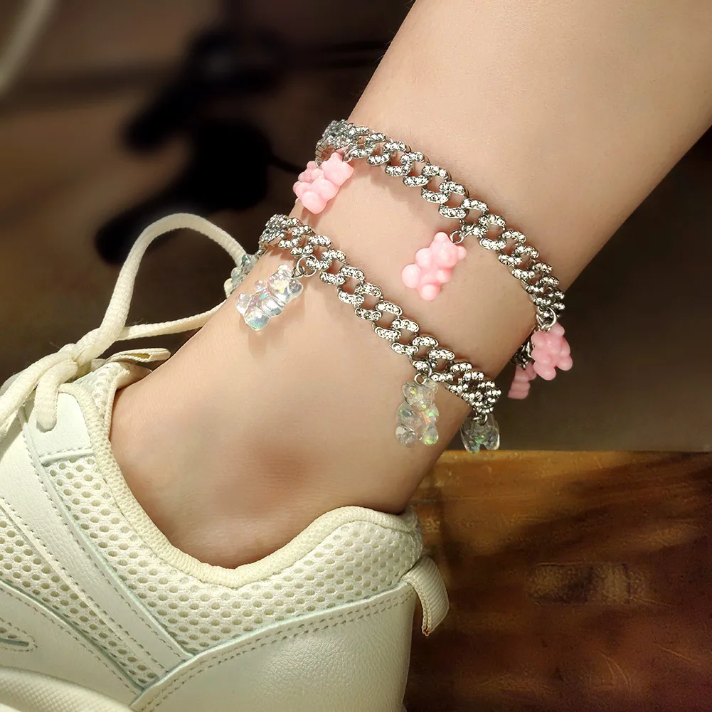 

Childlike Fashion Cute Colorful Bears Anklets for Women Party Jewelry Alloy 24g Cuban Chain Ankle Bracelet on Leg Gift for Girl