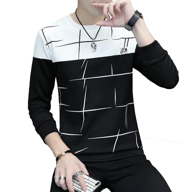 

Recommend new listing Fashion Leisure Korean version Man Lattice Self-cultivation Round Neck Long Sleeve Sweatshirt The