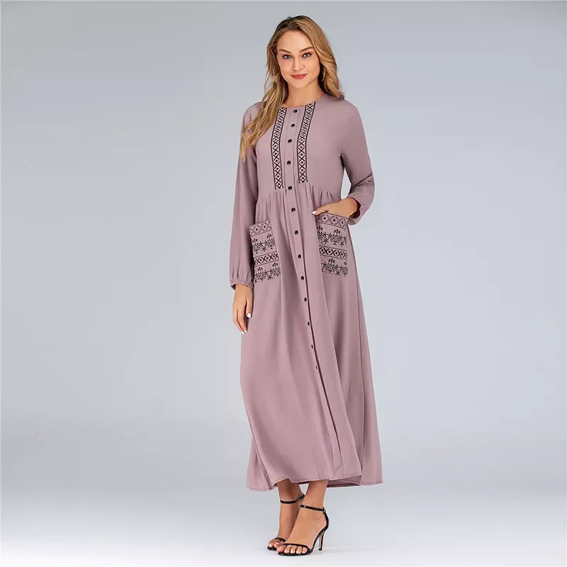 

NEW IN Muslim Fashion Dress Long Middle Loose Women Clothing Four Seasons Splicing Round Neck Dress Musulmane Vestidos Largos