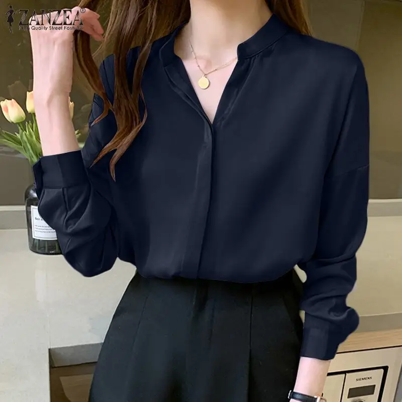 

Женские офисные рубашки 2022 ZANZEA с длинным рукавом и отложным воротником, вечерние рубашки, винтажная однотонная блузка, офисные топы, женски...