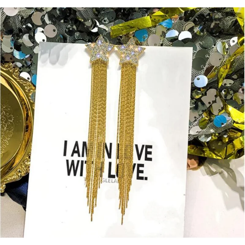 

2023 New S925 Silver Needle Long Tassel Earrings Simple Fashion Temperament Luxury Full Diamond Pentagram Earrings Women Jewelry