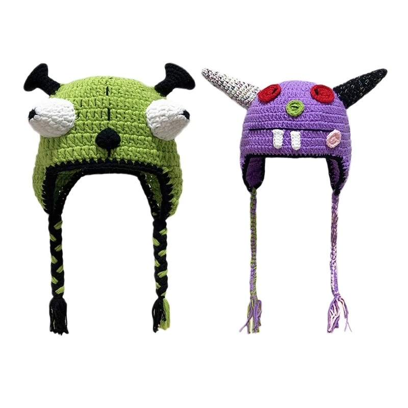 

A0NF Adult's Devil Monster Shape Knitted Hats Acrylic Fibres Hat Warmer Knitted Cosplay Winter Holiday Gifts for Unisex