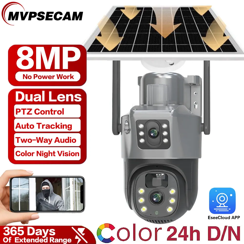 

8MP 4K WIFI Solar Camera Built-in Battery Wireless IP Camera Outdoor PIR Detection Security PTZ CamAuto Tracking Surveillance