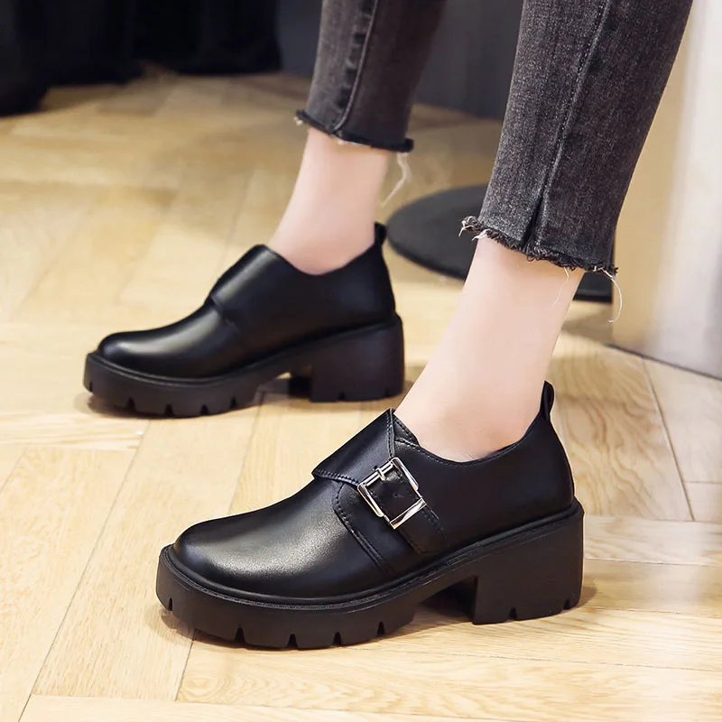 

Rimocy Black Buckle Patent Leather Ankle Boots for Women Thick Heels Platform Booties Woman British Style Slip on Botas Mujer