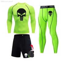 3 piece running suit mens gym t shirt skull compression leggings sports tights quick dry workout set winter thermal underwear