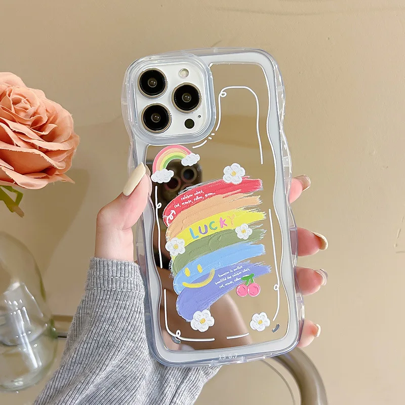 Phone Case For IPhone 11 12 13 14 Pro Max XR Xs Max X 7 8 Fashion Rainbow Cosmetic Mirror Cute Girl Protection Back Cover