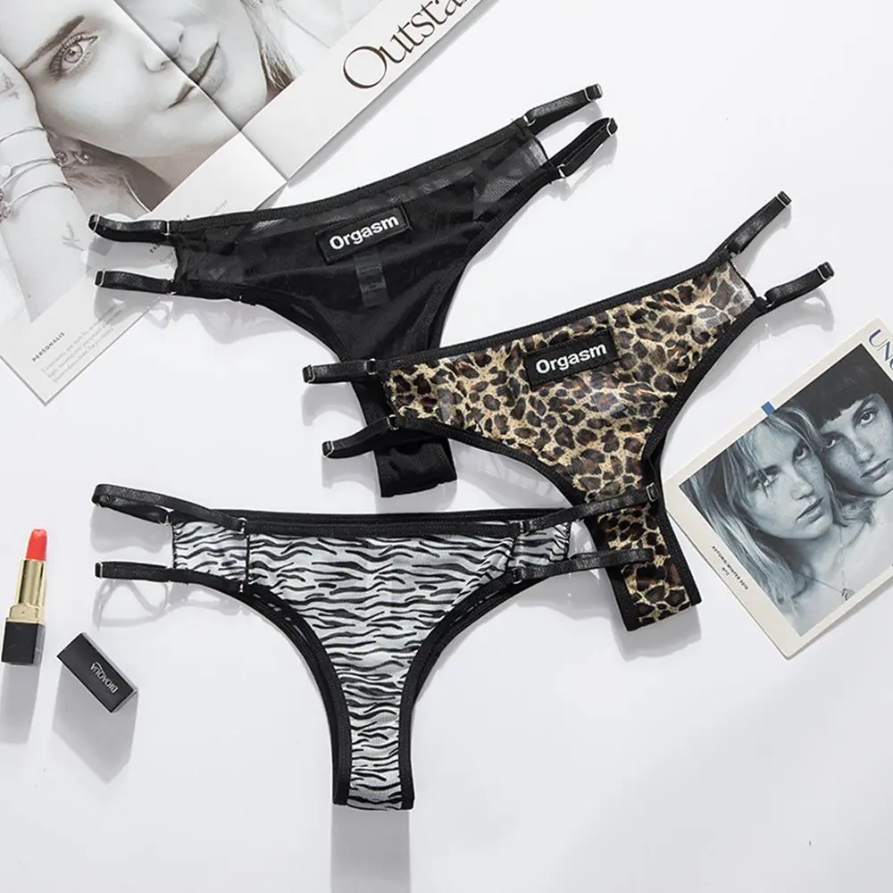 

Sexy thong temptation lace leopard print transparent panties seamless low waist hollow female T pants mesh briefs