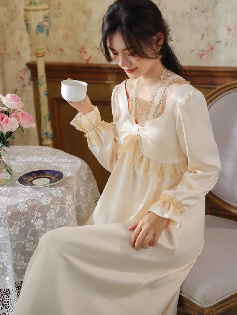 Long Sleeve Pajamas Women Female Spring Vintage Princess Lace V-Neck Ice Silk Nightdress with Chest Pads Home Clothes Sleepwear