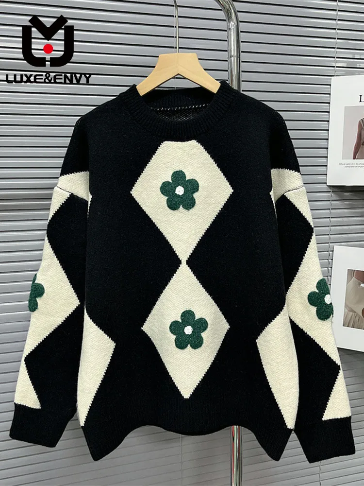 

LUXE&ENVY Contrast Diamond Checkered Flower Sweater Women Autumn Winter 2023, New Loose Lazy Design Sense