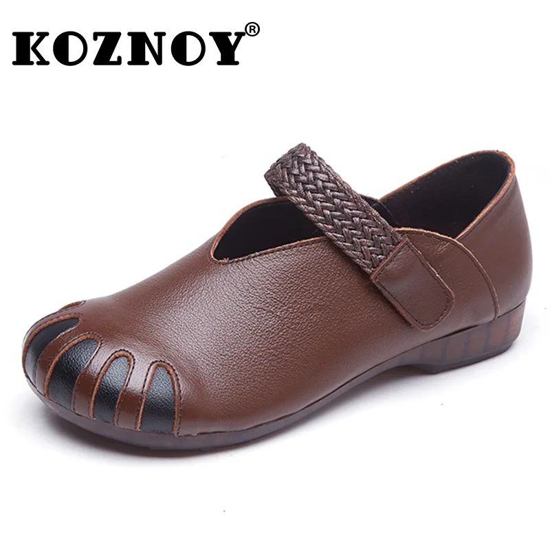 

Koznoy 1.5cm Retro Ethnic 2022 Genuine Leather Mom Spring Leisure Autumn Comfy Slipon Women Soft Soled Flat Round Toe Hook Shoes