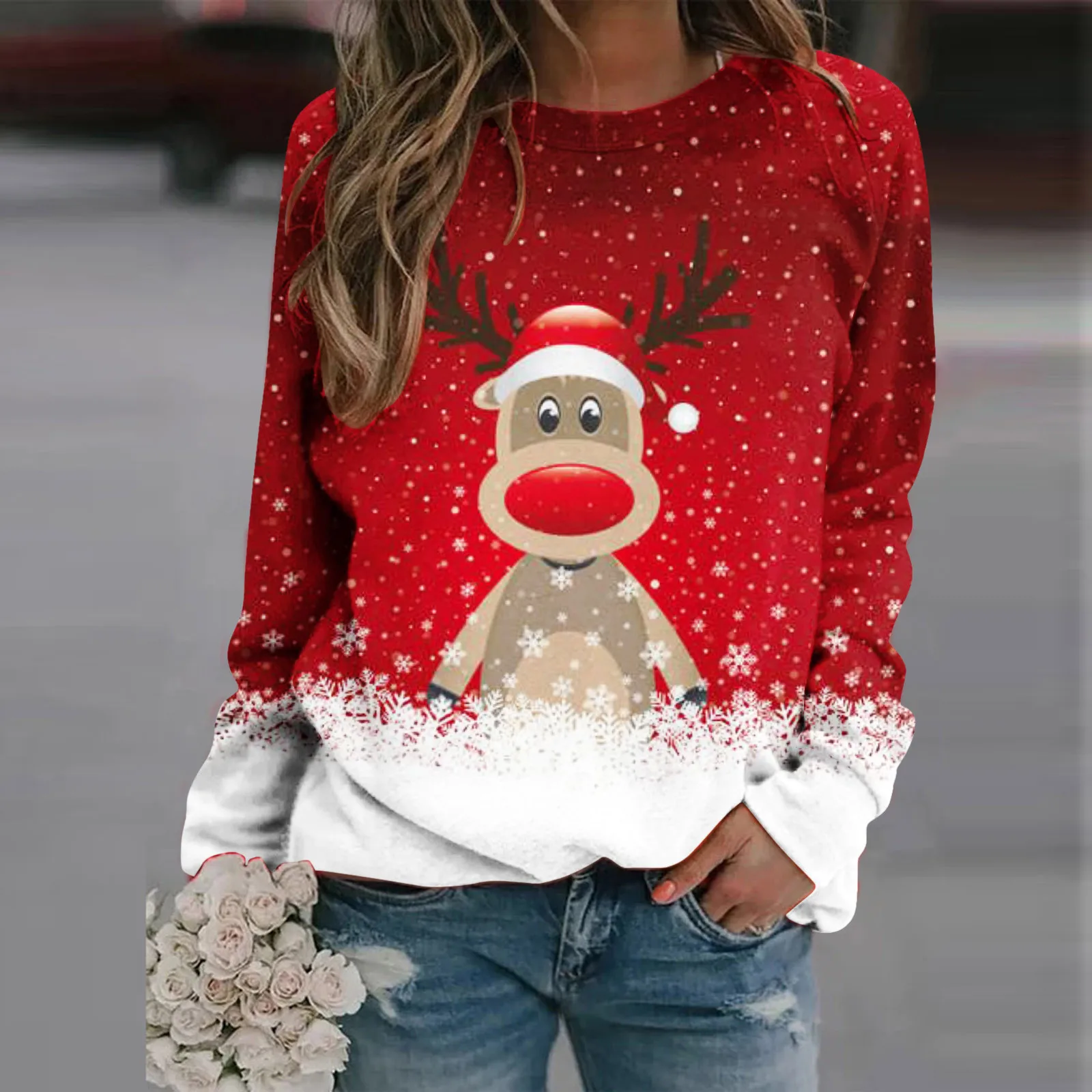 

2023 Christmas Sweatshirt Pullover Ladies Christmas Sweatershirt Top Round Neck Long Sleeve Gradient New Year Clothes Hooded