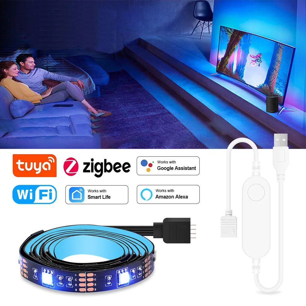 Zigbee-tira de luces Led para televisor inteligente, iluminación trasera con Wifi, RGB, DC5V, 5050, Wok con Alexa y Google Home