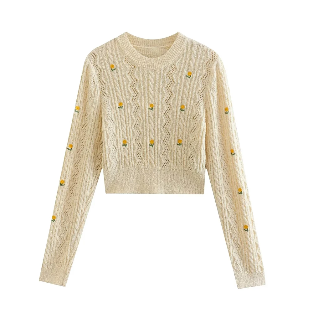 

Женская трикотажная одежда PB & ZA Ранняя осень 2022 Новый темпераментный приталенный Короткий Джемпер с цветочной вышивкой и длинным рукавом трикотажная одежда