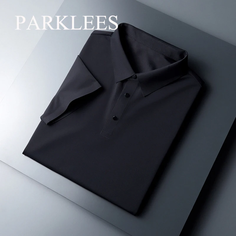 

Parklees Мужская черная шелковая рубашка поло 2022 брендовая новая дышащая майка без морщин Летняя Повседневная Однотонная рубашка с коротким ру...