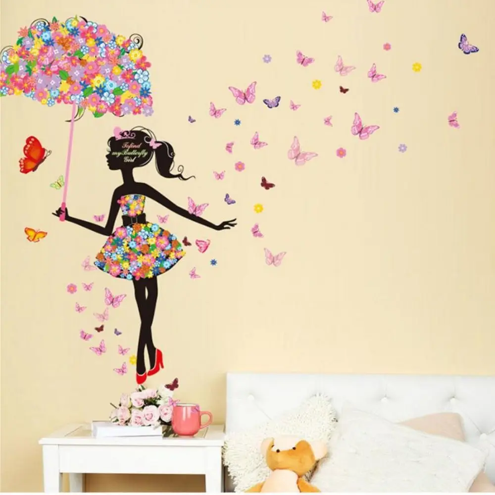 

Butterfly Fair Umbrella Girl Decal PVC Flower Fairy Wall Stickers Wallpaper