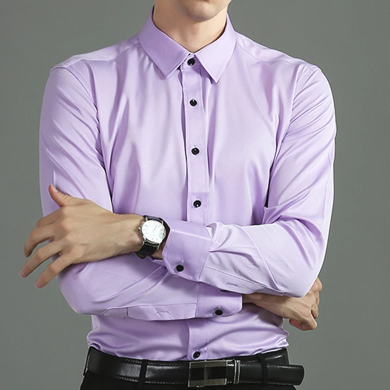 

Men Dress Shirt Brand Plus Size 4XL 5XL Buttons Down Long Sleeve for Summer Lavender Formal Fashion Business Smart