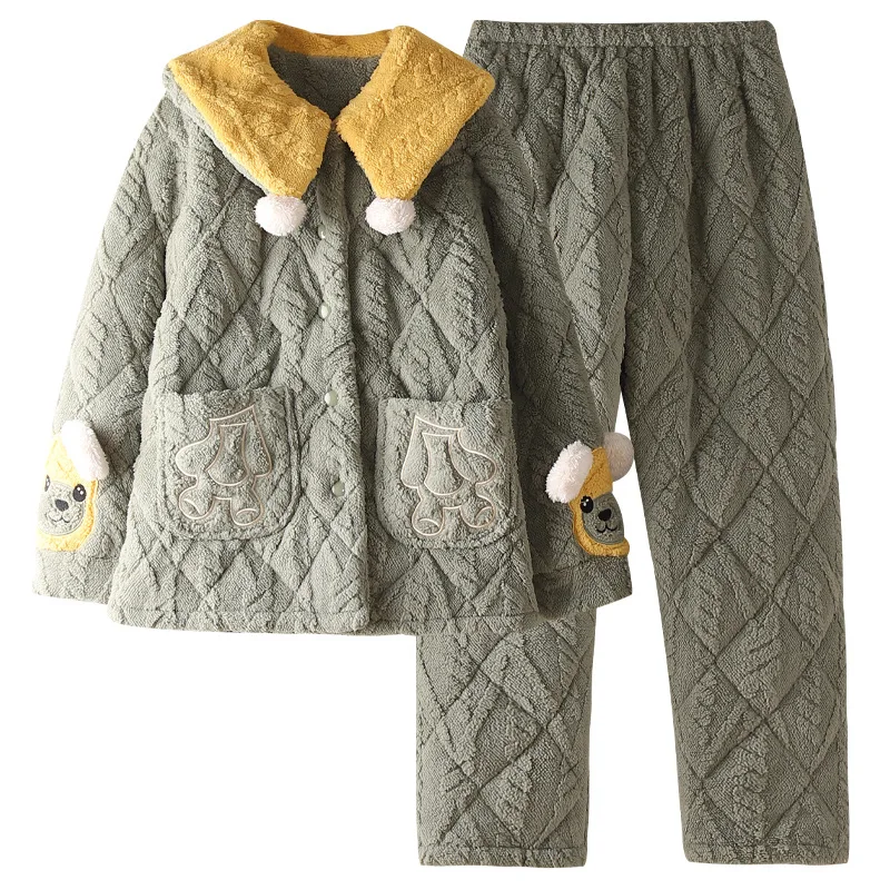 

Новая женская зимняя Пижама, трехслойная Толстая теплая хлопковая женская зимняя домашняя пижама с длинным рукавом и застежкой, милый барх...