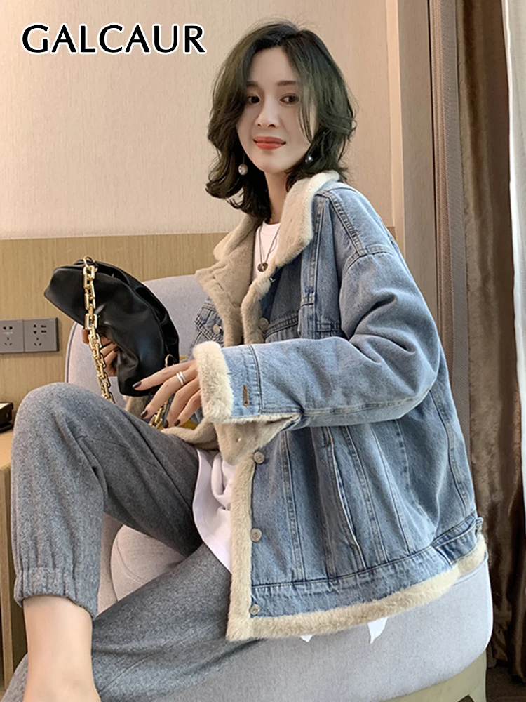 

GALCAUR Denim Coats For Women Lapel Long Sleeve Single Breasted Vintage Loose Coat Female Winter Clothing 2022 Style Fashion New