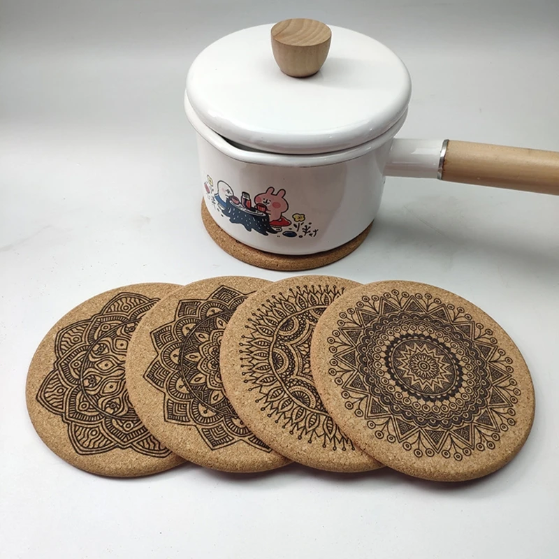 

Nordic Style Mandala Pattern Round Cork Coasters with Holder Stand Rack Wooden Drinks Absorbent Mat Table Glass Cup Mug Pad
