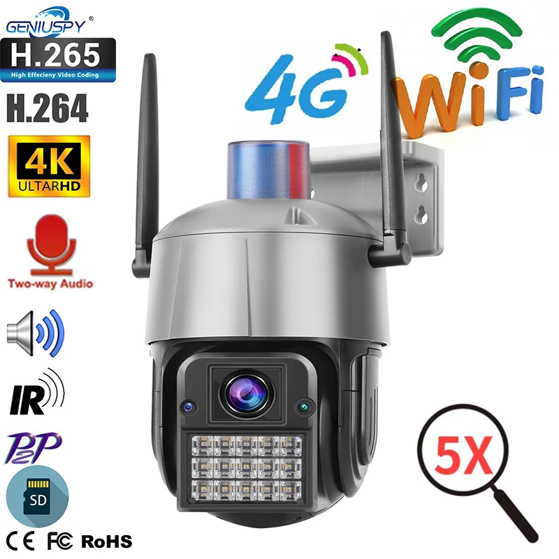 

2022 8MP 4K FHD IP Camera Wireless 3G 4G SIM Card Security WIFI CCTV Outdoor PTZ Dome Surveillance Cam 5X Two Way Audio Alarm