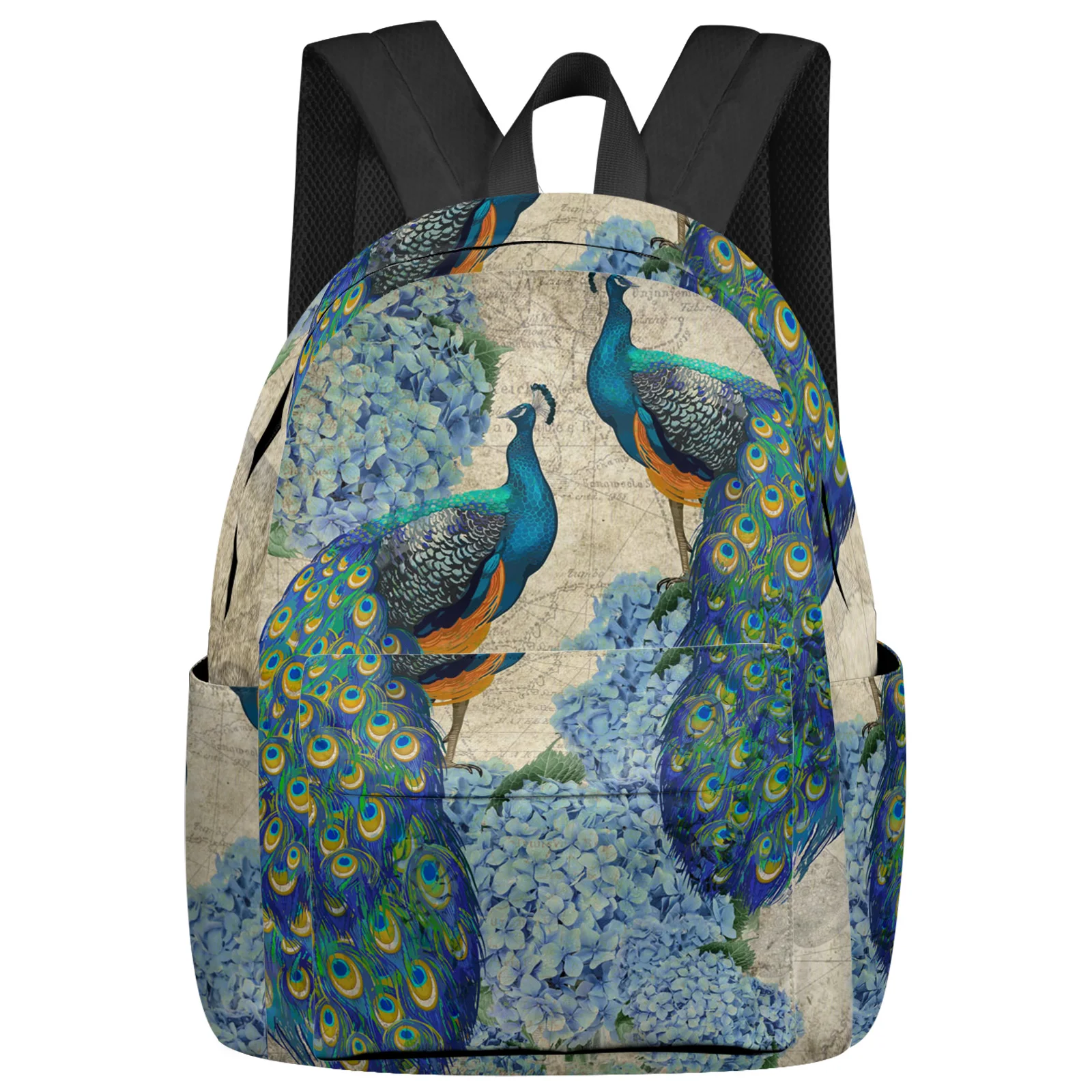 

Рюкзак для ноутбука в стиле ретро для мужчин и женщин, школьный ранец для подростков с павлиньими цветами и гортензией