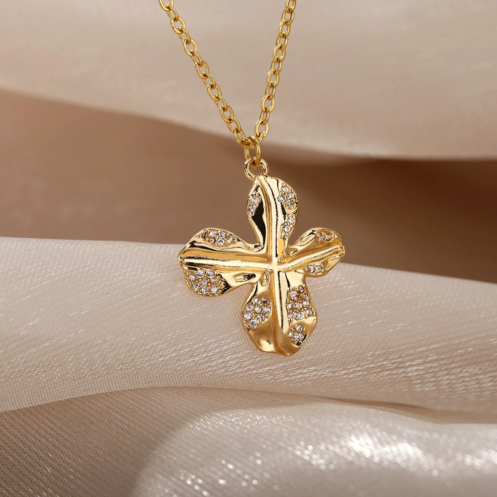 

Vintage Petal Necklaces For Women Girl Stainless Steel Cross Flower Pendant Choker Christmas Party Jewelry Gift Femme