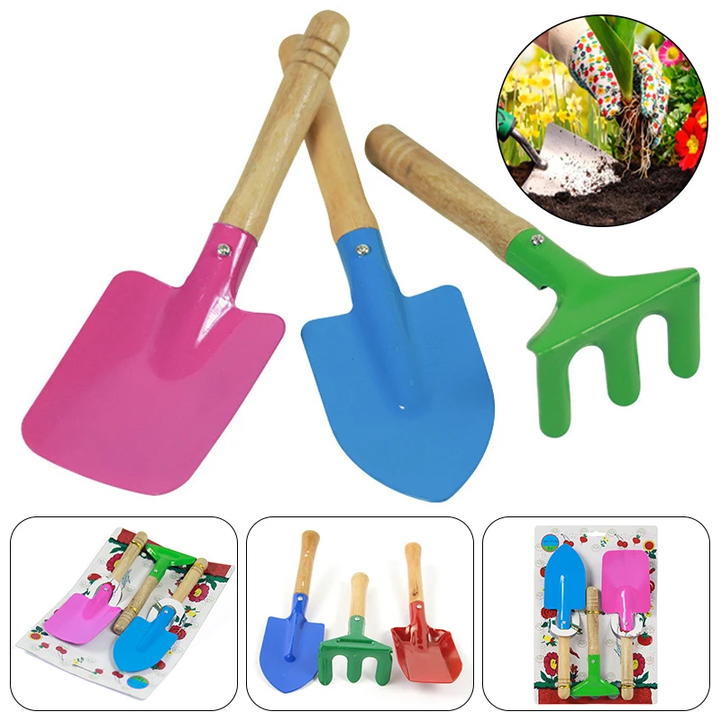 

3 Pcs Kids Gardening Yard Tools Set Trowel Rake Shovel Wooden Handle Children Planting Digging Safe Beach Sand Toys Set Home