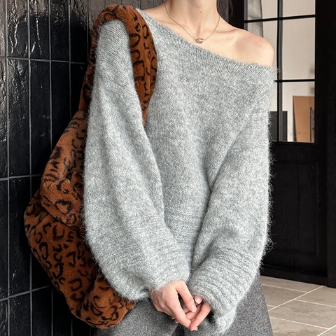 2024, женский мягкий вязаный свитер, сексуальный большой пуловер с круглым вырезом и рукавами-фонариками, одежда, топы для женщин, свитер Pull Femme