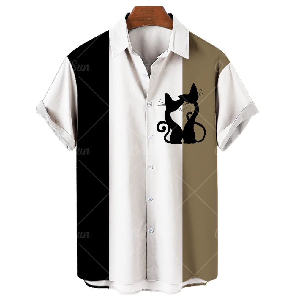 

Summer Hawaiian Shirt Retro 3D Cat Fashion Beach Short-sleeved Shirt Oversized Shirt Men Camisa Masculina