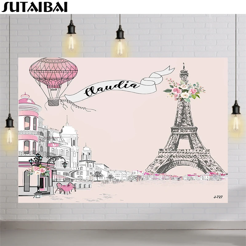 

Baby Photo Background Eiffel Tower Paris Street Hot Air Balloon Flowers Decoration Girl Birthday Child Portrait Studio Backdrop