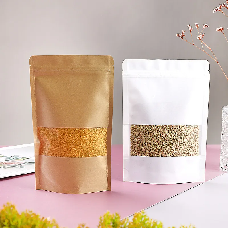 Resealable Stand Up Kraft Paper High Clear Window Coffee Food Snacks Grain Heat Sealing Zip Lock Bags Storage Packaging Pouches