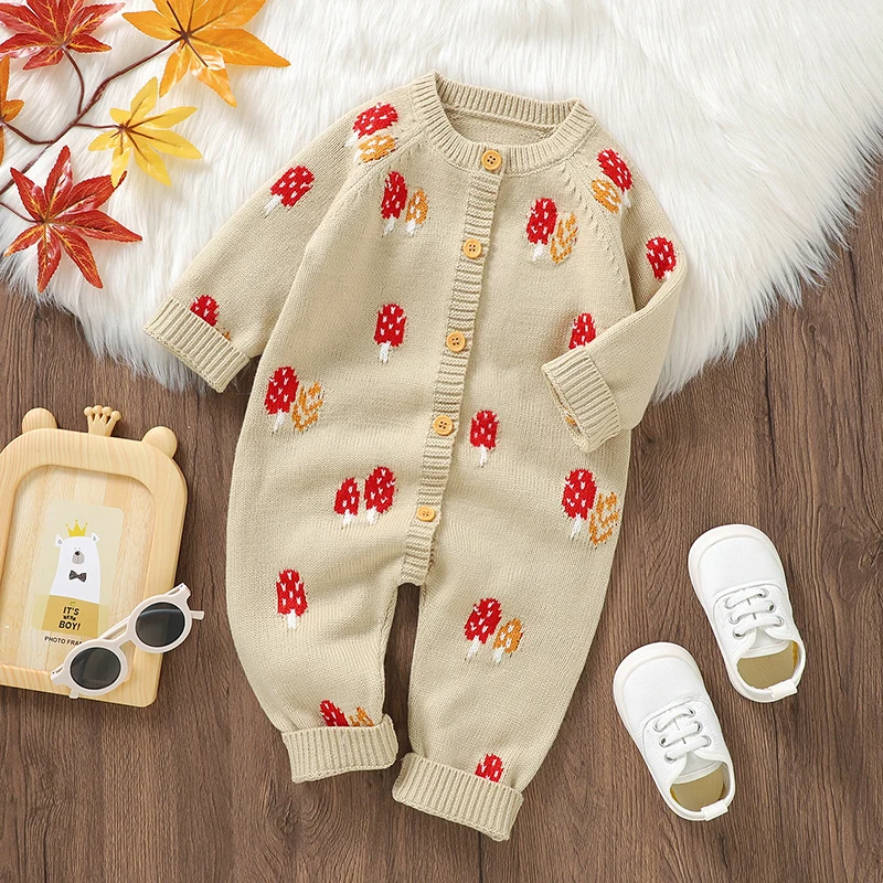 

Baby Rompers Knitted Newborn Boys Girls Cartoon Mushroom Knitted Jumpsuits One Piece Spring Autumn Winter Toddler Infant Outfits